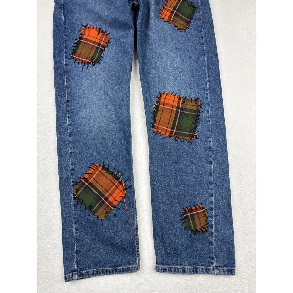 Levi's 505 Men's 36x32 Jeans Scare Crow Plaid Patchwork Grungy Deep Blue Denim